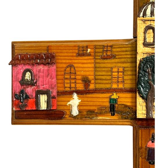 Folk Art Hand Painted 3-D Wood Cross Church Village Scene 20” x 14” - Picture 3 of 7